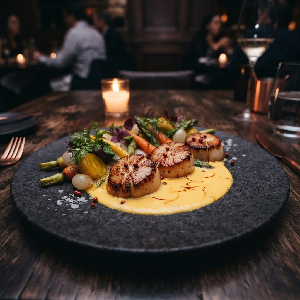 Elegantly plated seared scallops with seasonal vegetables, prepared by private chef Veronica Malamfant in Manhattan